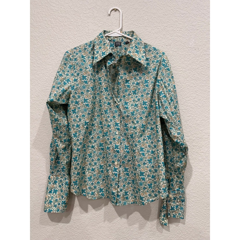 Saks Fifth Avenue Vintage W Teal Green Floral Button Down Shirt Blouse Size 10